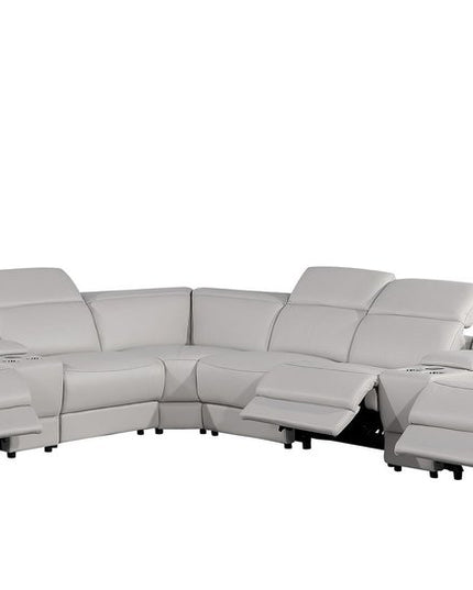 Light Gray Italian Leather Power Reclining Curved Eight Piece Corner Sectional With Console
