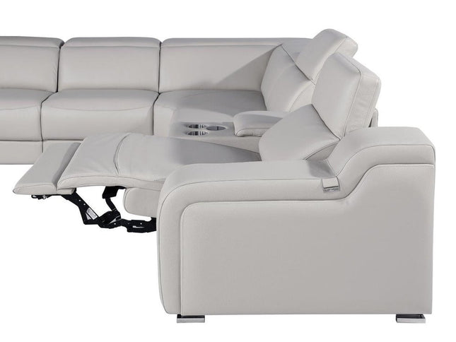 Light Gray Italian Leather Power Reclining Curved Eight Piece Corner Sectional With Console