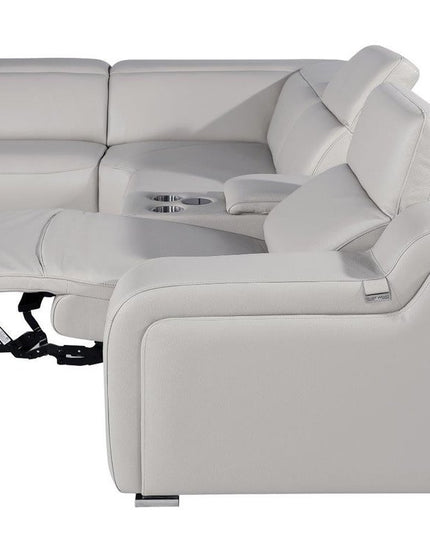Light Gray Italian Leather Power Reclining Curved Eight Piece Corner Sectional With Console
