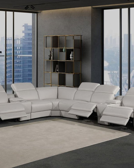 Light Gray Italian Leather Power Reclining Curved Eight Piece Corner Sectional With Console