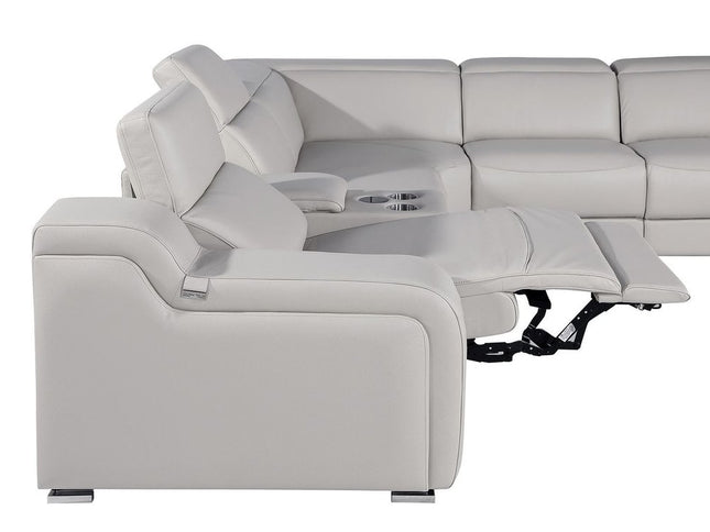 Light Gray Italian Leather Power Reclining Curved Eight Piece Corner Sectional With Console