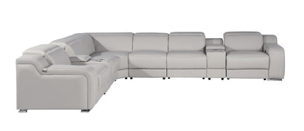 Light Gray Italian Leather Power Reclining Curved Eight Piece Corner Sectional With Console