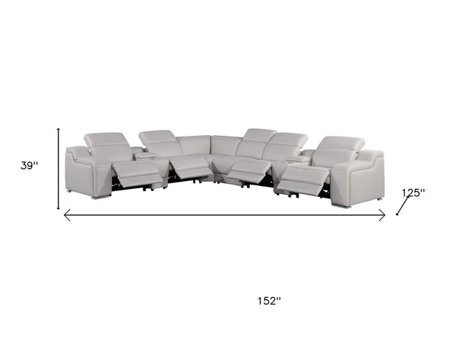 Light Gray Italian Leather Power Reclining Curved Eight Piece Corner Sectional With Console