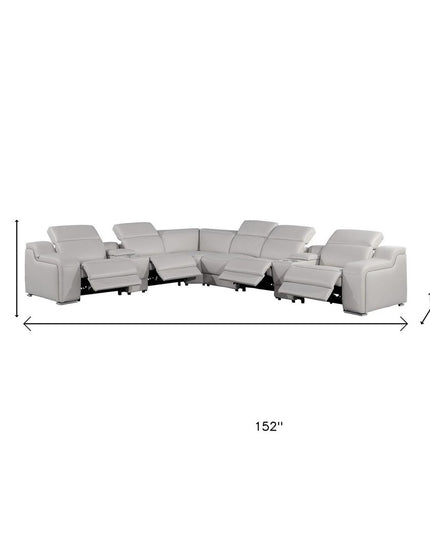 Light Gray Italian Leather Power Reclining Curved Eight Piece Corner Sectional With Console