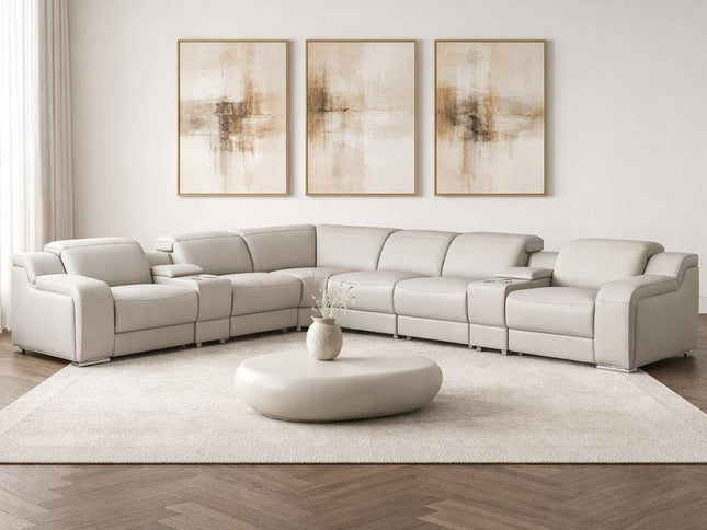 Light Gray Italian Leather Power Reclining Curved Eight Piece Corner Sectional With Console