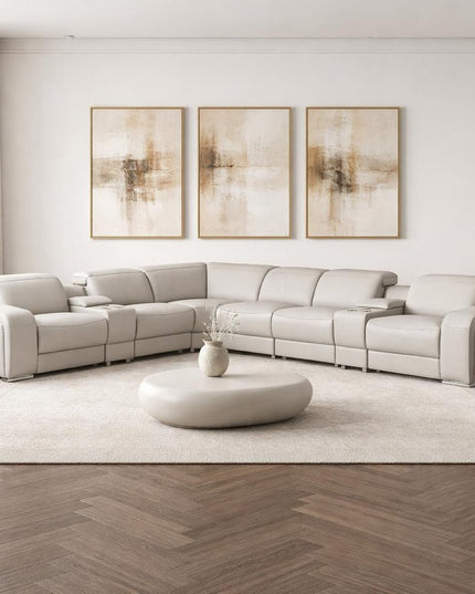 Light Gray Italian Leather Power Reclining Curved Eight Piece Corner Sectional With Console