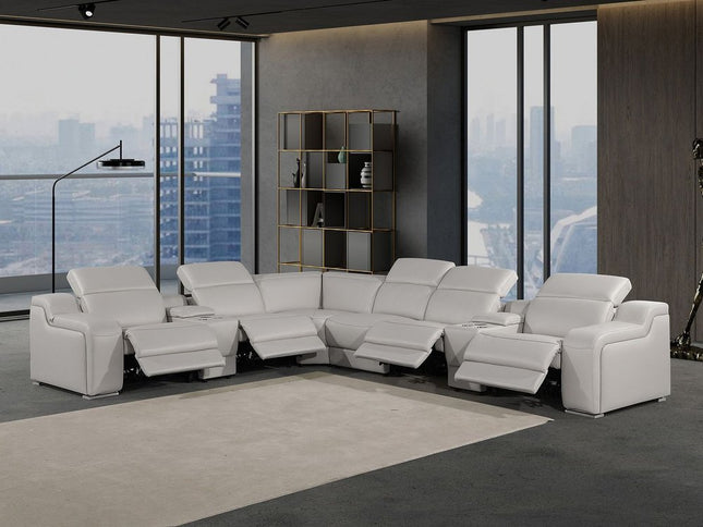 Light Gray Italian Leather Power Reclining Curved Eight Piece Corner Sectional With Console