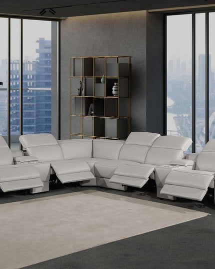 Light Gray Italian Leather Power Reclining Curved Eight Piece Corner Sectional With Console