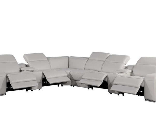 Light Gray Italian Leather Power Reclining Curved Eight Piece Corner Sectional With Console