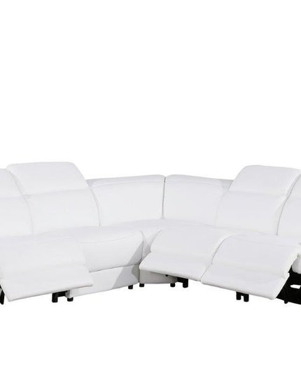 White Italian Leather Power Reclining L Shaped Five Piece Corner Sectional
