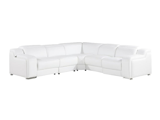 White Italian Leather Power Reclining L Shaped Five Piece Corner Sectional