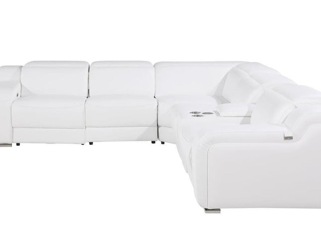 White Italian Leather Power Reclining L Shaped Six Piece Corner Sectional With Console