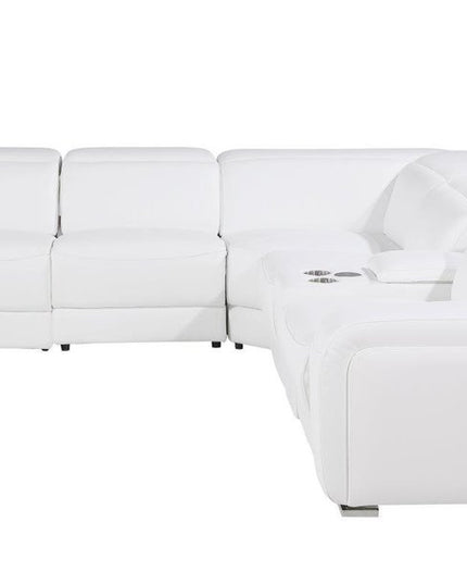 White Italian Leather Power Reclining L Shaped Six Piece Corner Sectional With Console