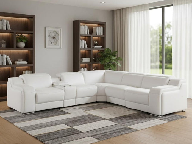 White Italian Leather Power Reclining L Shaped Six Piece Corner Sectional With Console