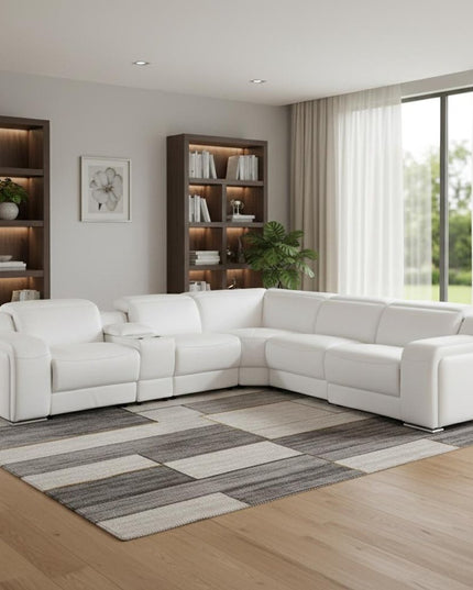 White Italian Leather Power Reclining L Shaped Six Piece Corner Sectional With Console