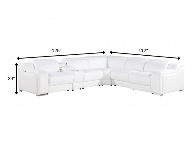 White Italian Leather Power Reclining L Shaped Six Piece Corner Sectional With Console