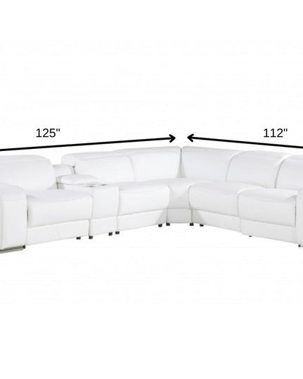 White Italian Leather Power Reclining L Shaped Six Piece Corner Sectional With Console