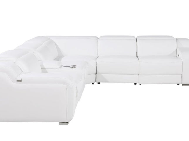 White Italian Leather Power Reclining L Shaped Six Piece Corner Sectional With Console