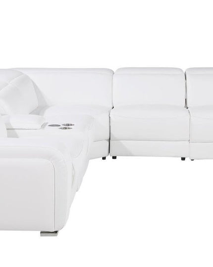 White Italian Leather Power Reclining L Shaped Six Piece Corner Sectional With Console