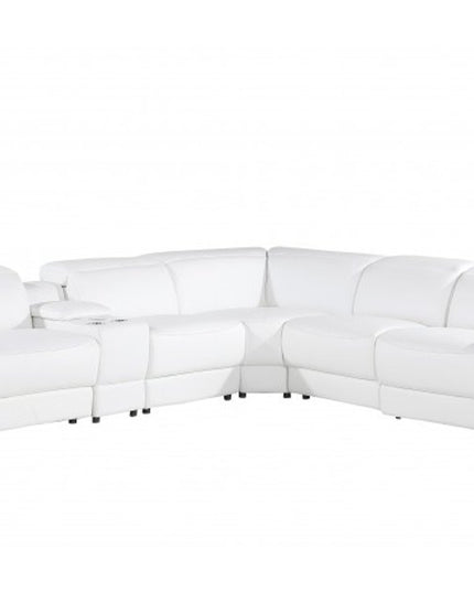 White Italian Leather Power Reclining L Shaped Six Piece Corner Sectional With Console