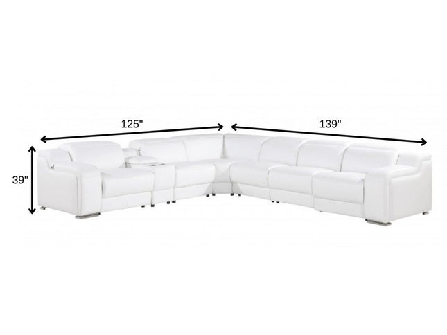 White Italian leather 3 power reclining seats L shaped Seven Piece Corner Sectional With Console