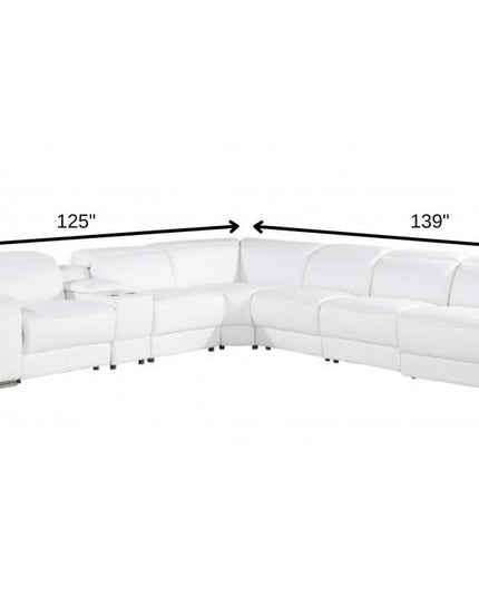 White Italian leather 3 power reclining seats L shaped Seven Piece Corner Sectional With Console