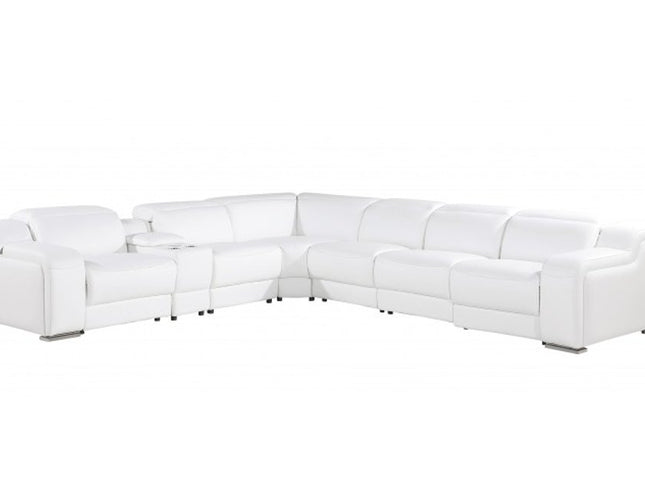 White Italian leather 3 power reclining seats L shaped Seven Piece Corner Sectional With Console