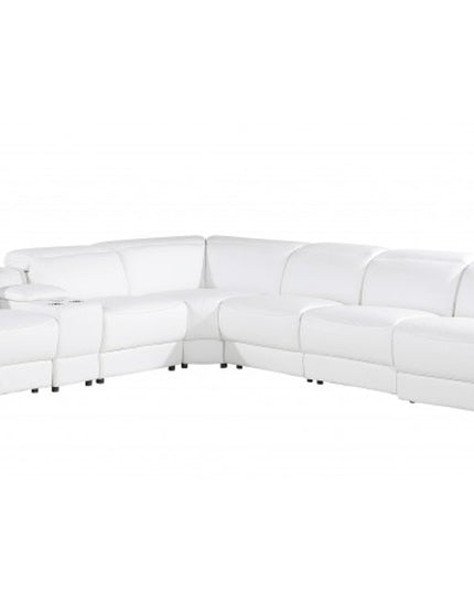 White Italian leather 3 power reclining seats L shaped Seven Piece Corner Sectional With Console