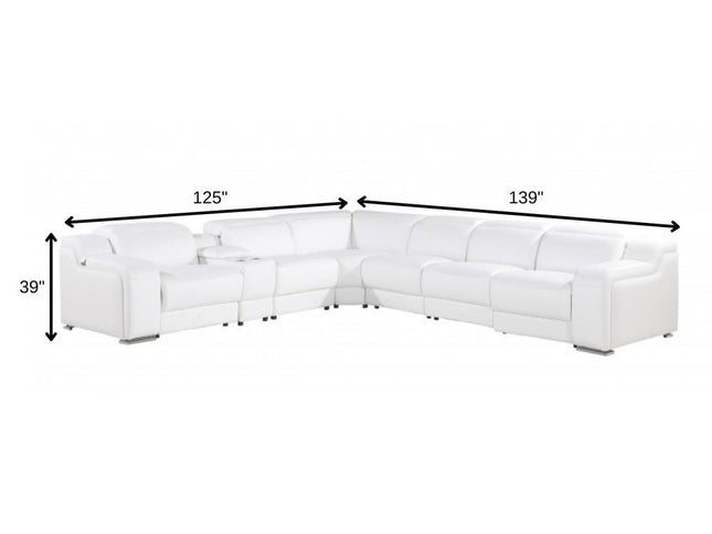 White Italian leather 4 power reclining seats L shaped Seven Piece Corner Sectional With Console