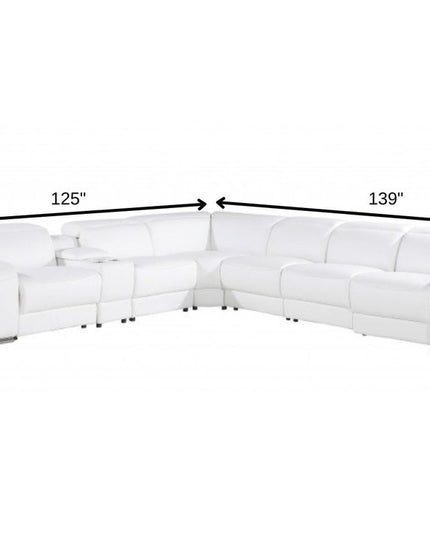 White Italian leather 4 power reclining seats L shaped Seven Piece Corner Sectional With Console