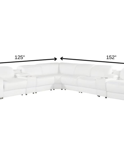 White Italian Leather 3 Power Reclining L Shaped Eight Piece Corner Sectional With Console