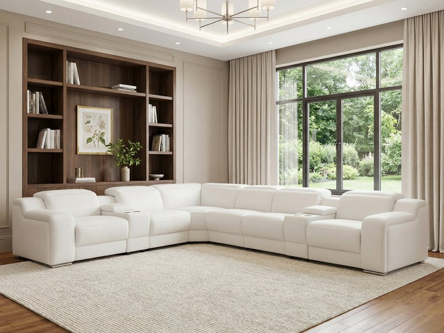 White Italian Leather 3 Power Reclining L Shaped Eight Piece Corner Sectional With Console