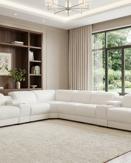 White Italian Leather 3 Power Reclining L Shaped Eight Piece Corner Sectional With Console