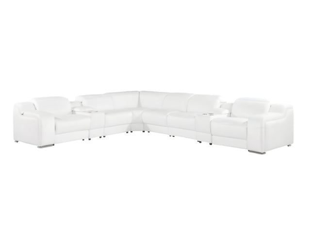 White Italian Leather 3 Power Reclining L Shaped Eight Piece Corner Sectional With Console