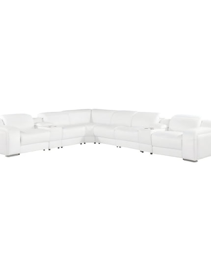 White Italian Leather 3 Power Reclining L Shaped Eight Piece Corner Sectional With Console
