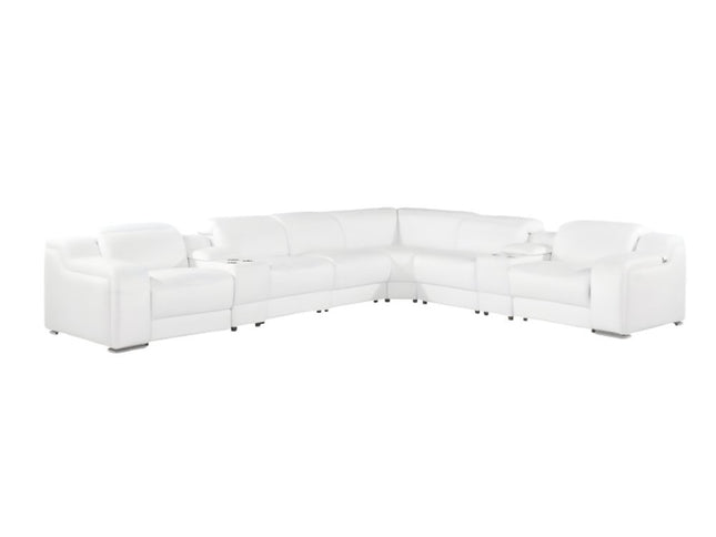 White Italian Leather 3 Power Reclining L Shaped Eight Piece Corner Sectional With Console