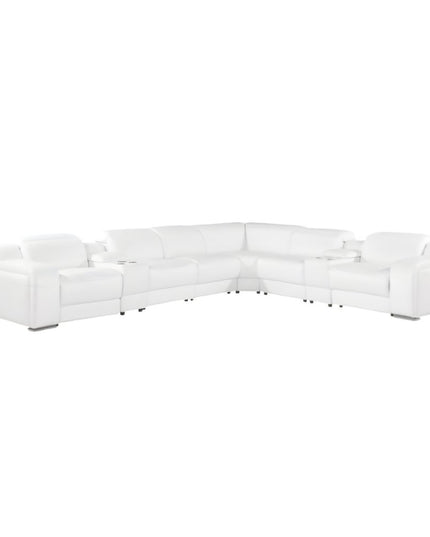 White Italian Leather 3 Power Reclining L Shaped Eight Piece Corner Sectional With Console
