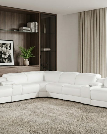 White Italian Leather 4 Power Reclining L Shaped Eight Piece Corner Sectional With Console