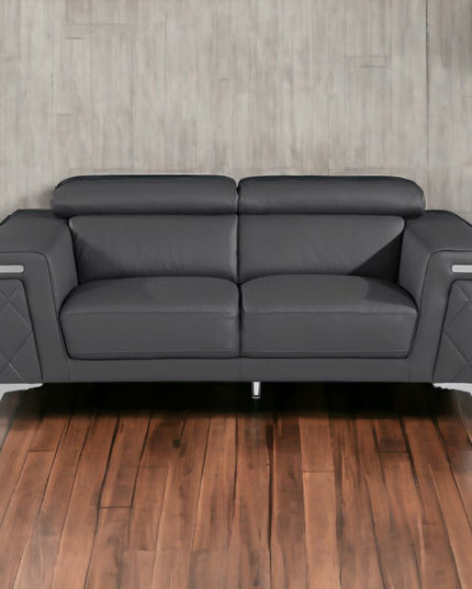 70" Dark Gray And Silver Metallic Leather Loveseat