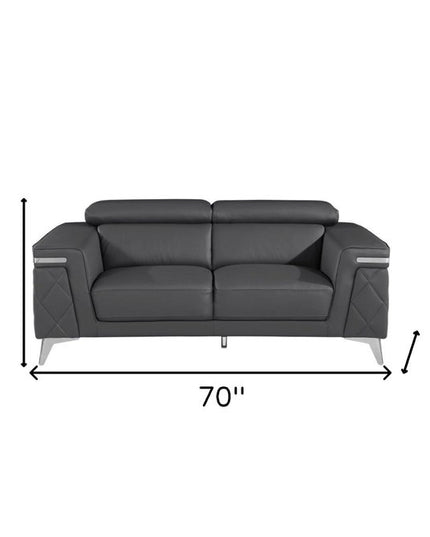 70" Dark Gray And Silver Metallic Leather Loveseat
