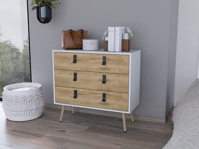 32" White and Natural Three Drawer Dresser