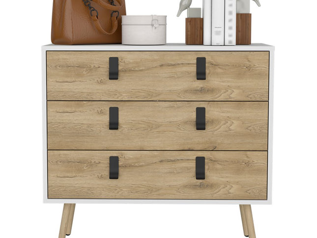 32" White and Natural Three Drawer Dresser