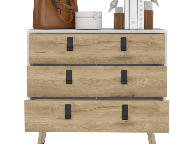 32" White and Natural Three Drawer Dresser