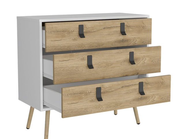 32" White and Natural Three Drawer Dresser