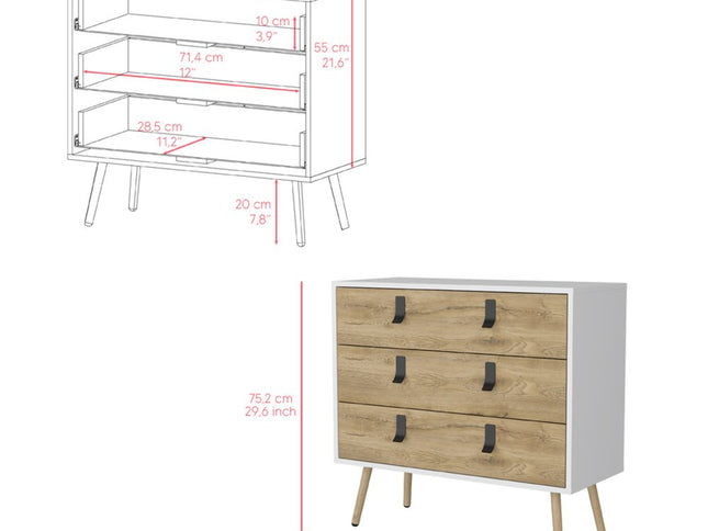 32" White and Natural Three Drawer Dresser