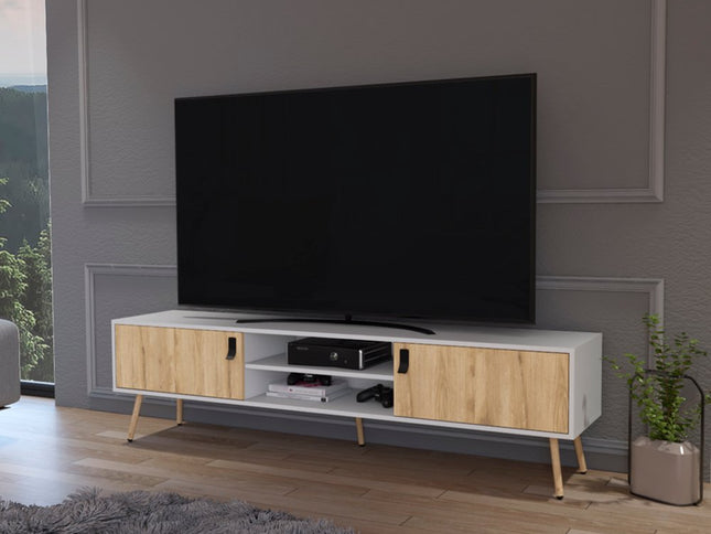 71" White And Beige Enclosed And Open Storage TV Stand