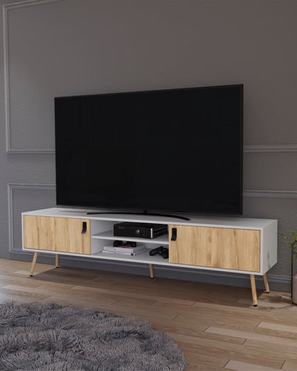 71" White And Beige Enclosed And Open Storage TV Stand