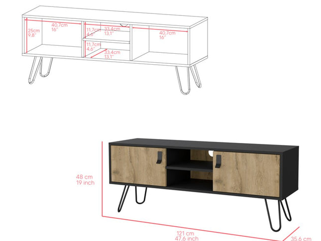 48" Beige and Black Cabinet Open And Enclosed Storage TV Stand