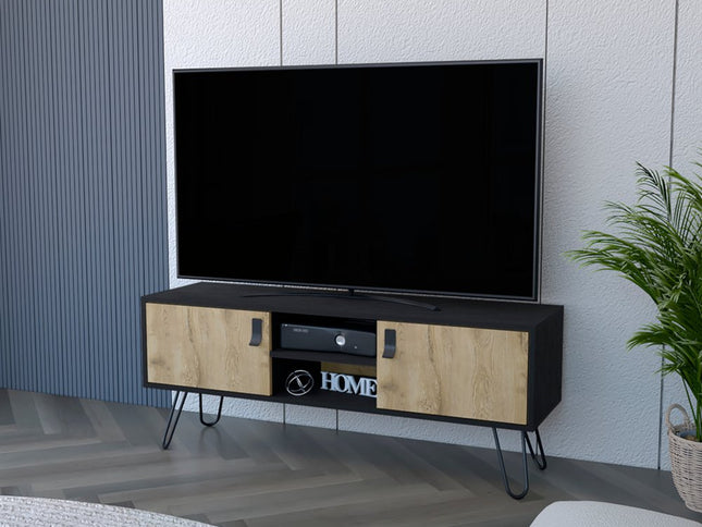 48" Beige and Black Cabinet Open And Enclosed Storage TV Stand