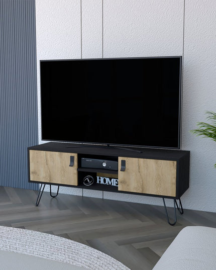 48" Beige and Black Cabinet Open And Enclosed Storage TV Stand
